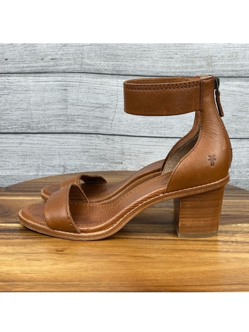 Frye Brielle Back Zip Stacked Heel Ankle Sandal Cognac Leather Women’s Size 9